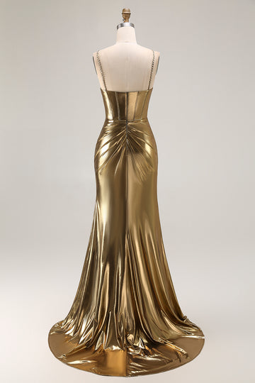 Metallic Golden Beaded Corset Mermaid Long Prom Dress With Slit